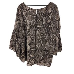 Jennifer Lopez Snakeskin Print Blouse Top Bell Sleeves Sheer Black Gray‎ XL